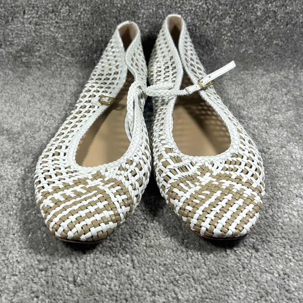 Veronica Beard Woven Mary‎ Jane Flats White Tan Leather Buckle Womens 40